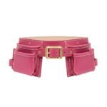 Pink leather tool belt with brass buckle and multiple front pockets, front view.