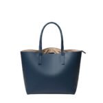 Navy blue structured tote bag with two handles and zip-top opening, isolated on white in a front view
