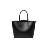 Black leather tote bag with two top handles and an internal zip pouch, shown isolated on a white background