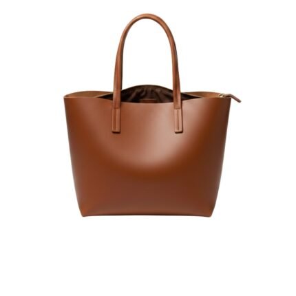 A classic brown leather tote bag with a smooth finish, featuring two sturdy handles and a spacious design.