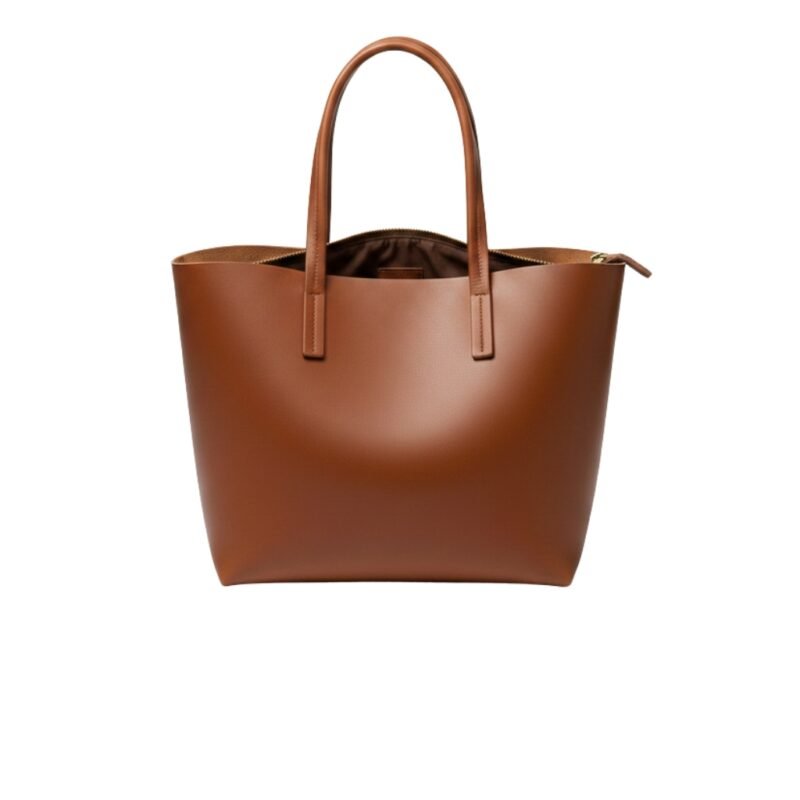 A classic brown leather tote bag with a smooth finish, featuring two sturdy handles and a spacious design.