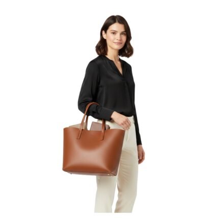 Tan leather tote bag with two top handles, worn by a model in a front carry shot