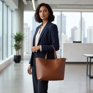 Woman carrying a brown tote bag with two top handles in an office setting