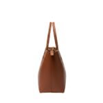 Tan leather tote bag with double handles and a front buckle strap