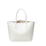 White tote bag with two top handles and an open top with zip detail, photographed front view on a white background