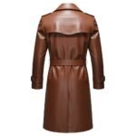 Back view of a brown leather trench coat with a belt and buttoned cuffs