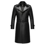 Front view of a black leather trench coat with a belted waist, button closures, and a sleek lapel design.