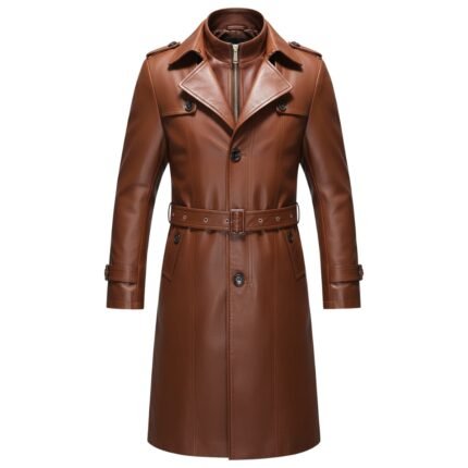 A sleek brown leather trench coat with a belted waist, double-breasted button detailing, notched lapels, and shoulder epaulets.