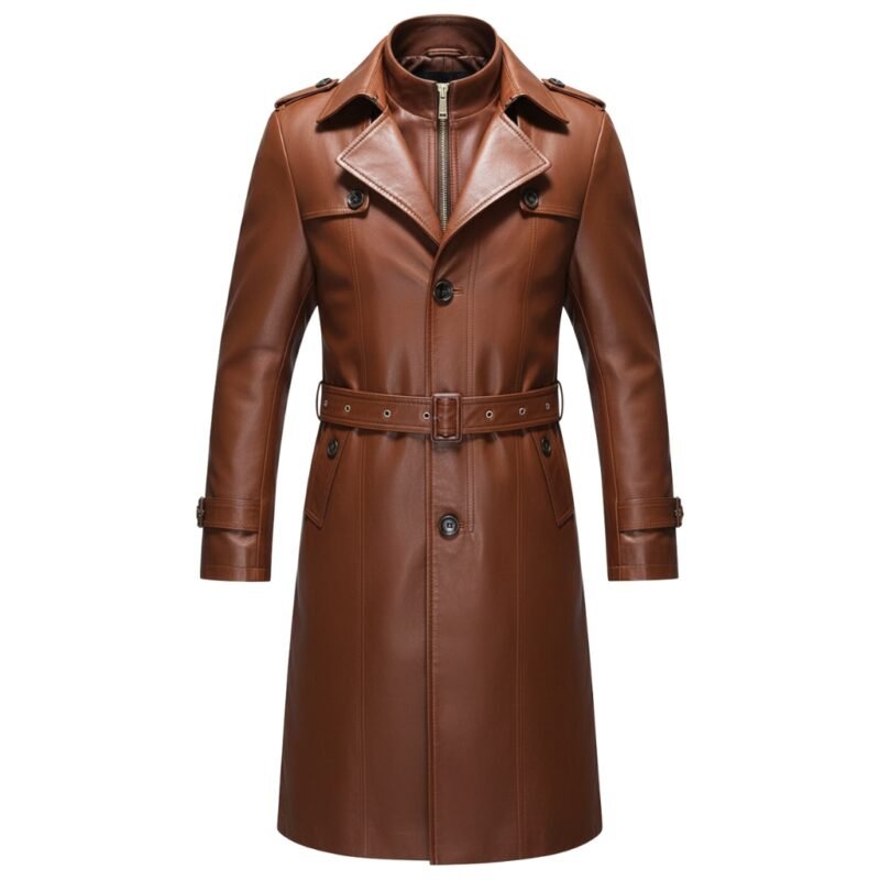 A sleek brown leather trench coat with a belted waist, double-breasted button detailing, notched lapels, and shoulder epaulets.
