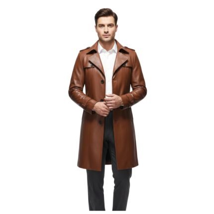 person wearing a brown leather trench coat, paired with a white shirt and dark trousers.