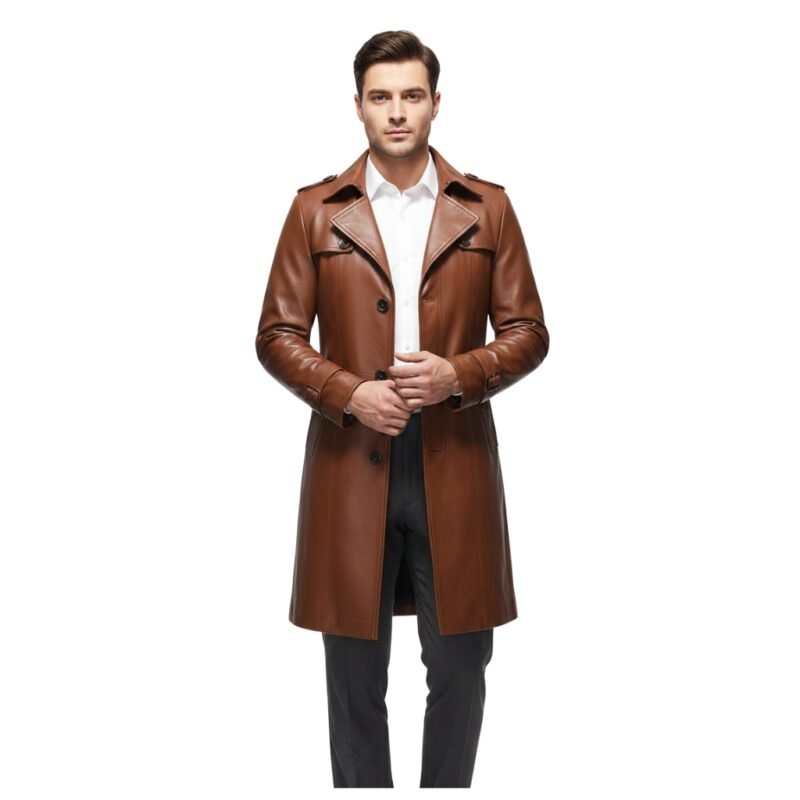 person wearing a brown leather trench coat, paired with a white shirt and dark trousers.