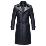 Front view of a navy blue leather trench coat with a belted waist, button closures, and structured lapels