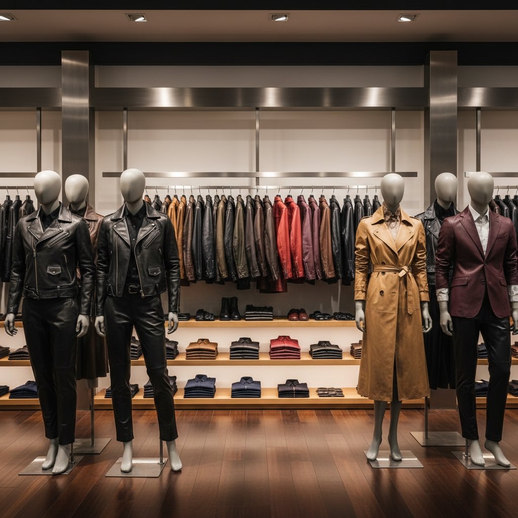 Leather wear clothing display in a boutique with mannequins in jackets and coats.