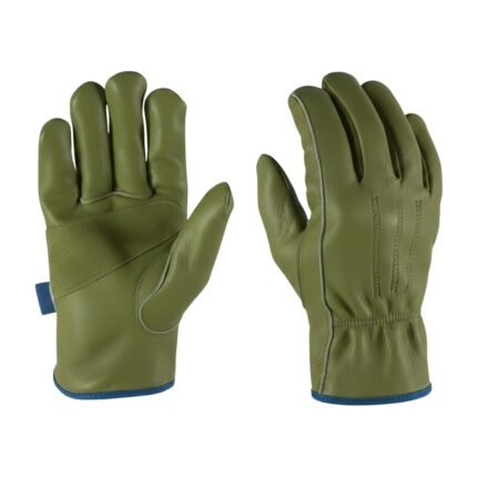 Olive-green leather work gloves on white background: left glove palm-side up with textured wrist band and blue tag; right glove back-of-hand view showing puckered leather and blue trim