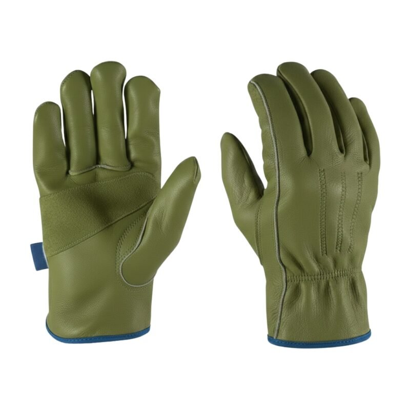 Olive-green leather work gloves on white background: left glove palm-side up with textured wrist band and blue tag; right glove back-of-hand view showing puckered leather and blue trim