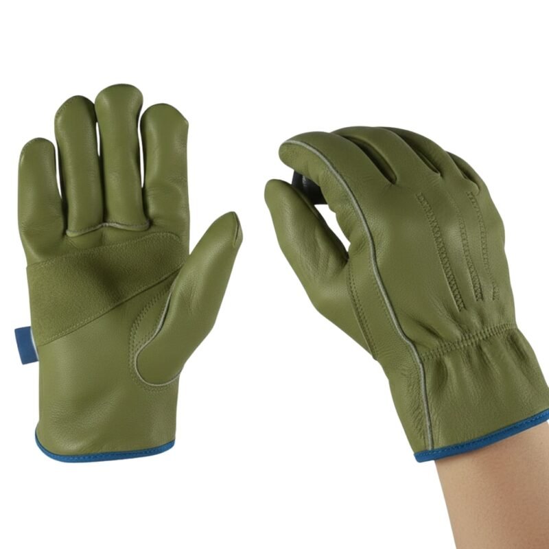 Two olive-green leather work gloves on white background: left glove laid flat, palm-up, showing soft interior lining and ribbed wrist band with small blue tag; right glove worn on a hand, displaying natural leather puckering across knuckles, blue trim around the wrist, and light-beige topstitching