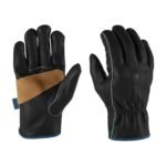 Two black leather work gloves on a white background: left glove has a tan fabric patch on the back of the hand and a small blue tag; right glove has light-blue piping along the edges. Both feature gathered elastic at the wrist and blue trim at the cuff.