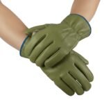 Two hands wearing olive-green full-grain leather work gloves with blue ribbed wrist bands and light-beige topstitching, crossed at the wrists against a white background.