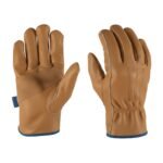 Tan leather work glove, palm-up, showing suede palm reinforcement and blue wrist tag; tan glove, back-of-hand up, with blue trim and gathered elastic.
