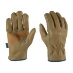 Two tan leather work gloves on white background: left palm-up showing suede palm reinforcement, right back-of-hand up, both with blue trim.