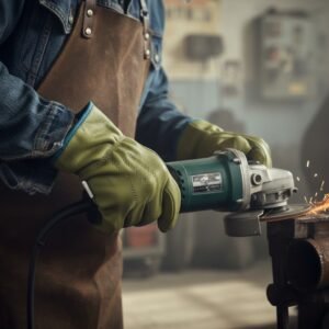 Person wearing olive-green work gloves and brown leather apron using a green-and-silver angle grinder on a metal pipe, sparks flying.