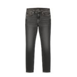 Women's light-wash denim jeans laid flat on white background, front view showing waistband, button fly, five-pocket styling, and tapered legs.