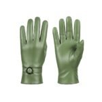 Light green women’s leather gloves—pair view with round metal-ring buckle detail at the wrist against a white background.