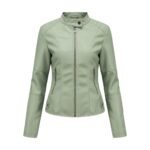Light green women’s leather jacket front view with stand collar and center front zipper.