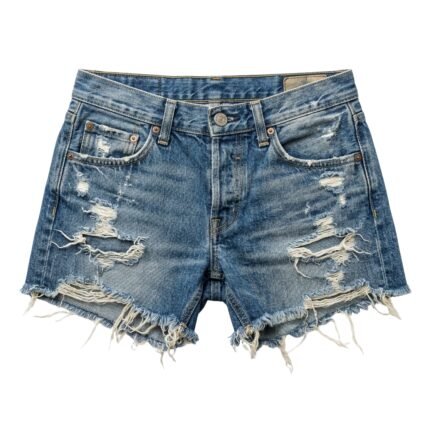 Front view of low rise denim shorts with button fly and distressed fabric.