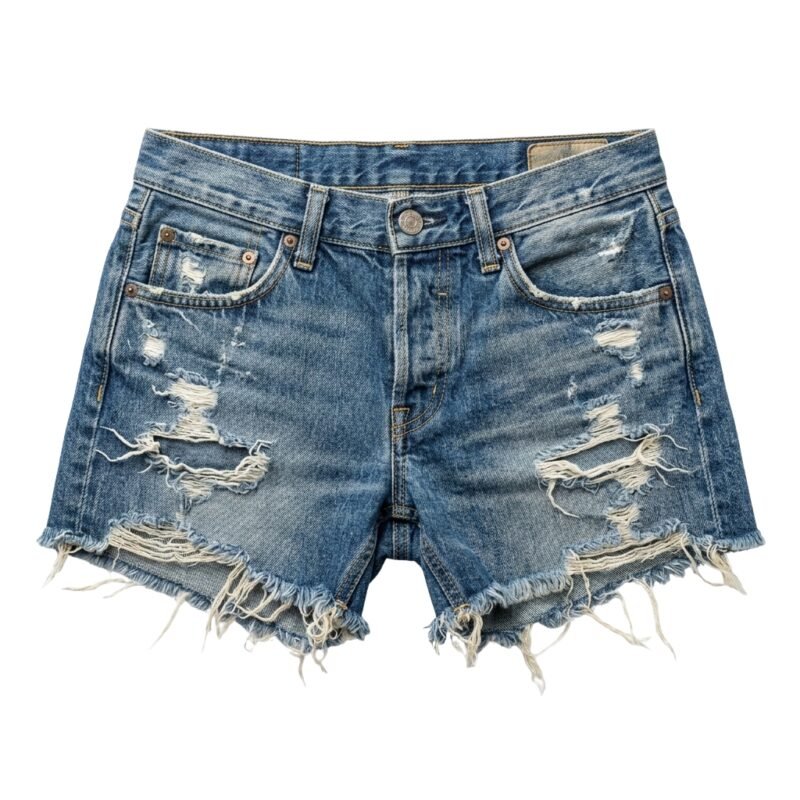 Front view of low rise denim shorts with button fly and distressed fabric.