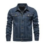 Men’s dark blue denim jacket front view with button placket, point collar, and flap chest pockets