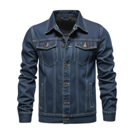 Men’s dark blue denim jacket front view with button placket, point collar, and flap chest pockets