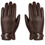 Men’s coffee brown leather gloves laid flat on a white background, showing both gloves side by side