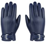 Men’s Indigo Slate colored leather gloves laid flat on a white background, showing both gloves side by side.