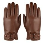 Brown men's leather gloves with wrist straps featuring metallic buckles and buttons, displayed side by side on white background