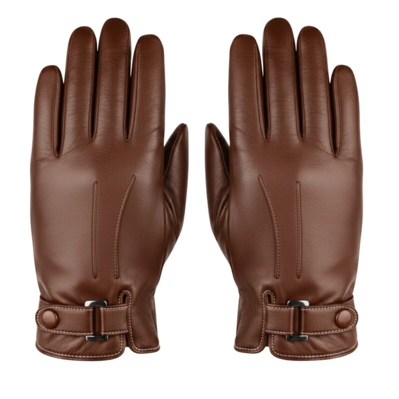 Brown men's leather gloves with wrist straps featuring metallic buckles and buttons, displayed side by side on white background