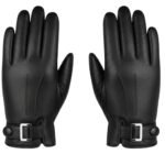Men’s black leather gloves laid flat on a white background, showing both gloves side by side.
