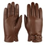Men’s dark brown leather gloves showing front and back view on a white background.