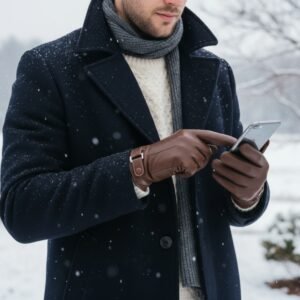 Model wearing men’s dark brown leather gloves while using a mobile phone, showing touchscreen-friendly design