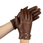 Model wearing men’s dark brown leather gloves, hands crossed to show fit and style