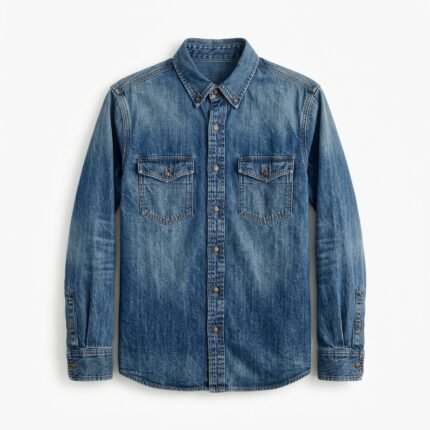 Front view of a light blue men's denim shirt with button-down collar, full button placket, and two chest pockets laid flat on white.