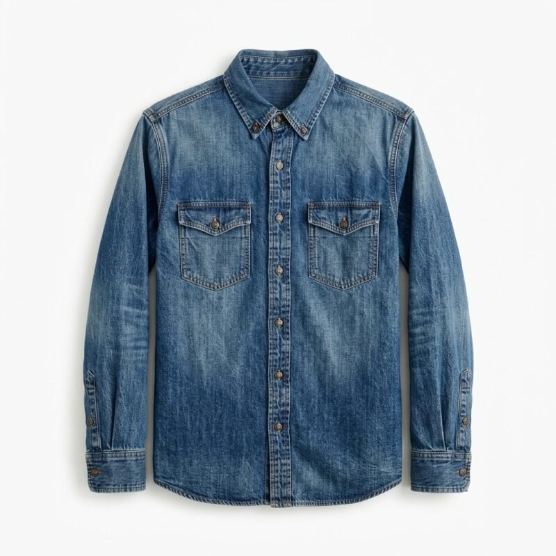 Front view of a light blue men's denim shirt with button-down collar, full button placket, and two chest pockets laid flat on white.