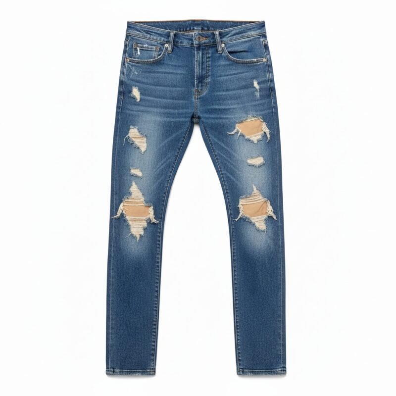 Men's medium-wash ripped denim jeans laid flat on white background, knee tears visible.
