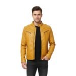 Mustard yellow men’s leather jacket worn by a model with stand collar and front zip closure.