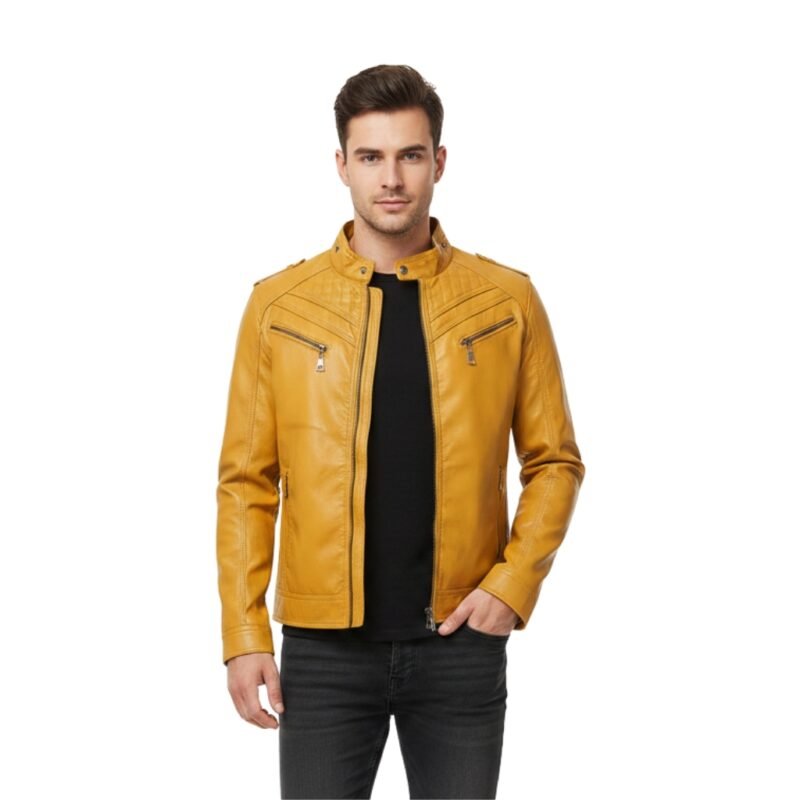 Mustard yellow men’s leather jacket worn by a model with stand collar and front zip closure.