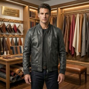 Man wearing a black leather bomber jacket over a gray shirt and dark jeans, standing in a leather workshop with leather sample displays, crafting tools, and leather rolls in the background.