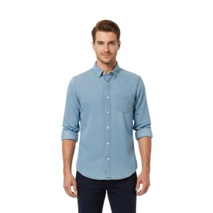 Men’s light blue button-down denim shirt, model front view on a white background.