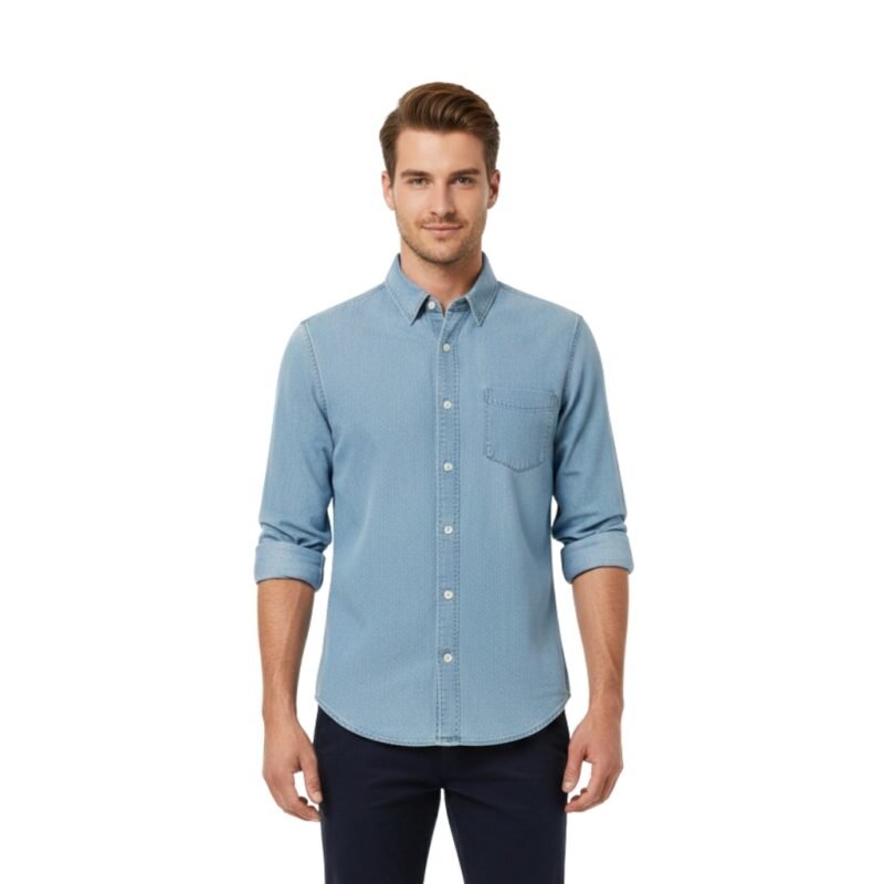 Men’s light blue button-down denim shirt, model front view on a white background.