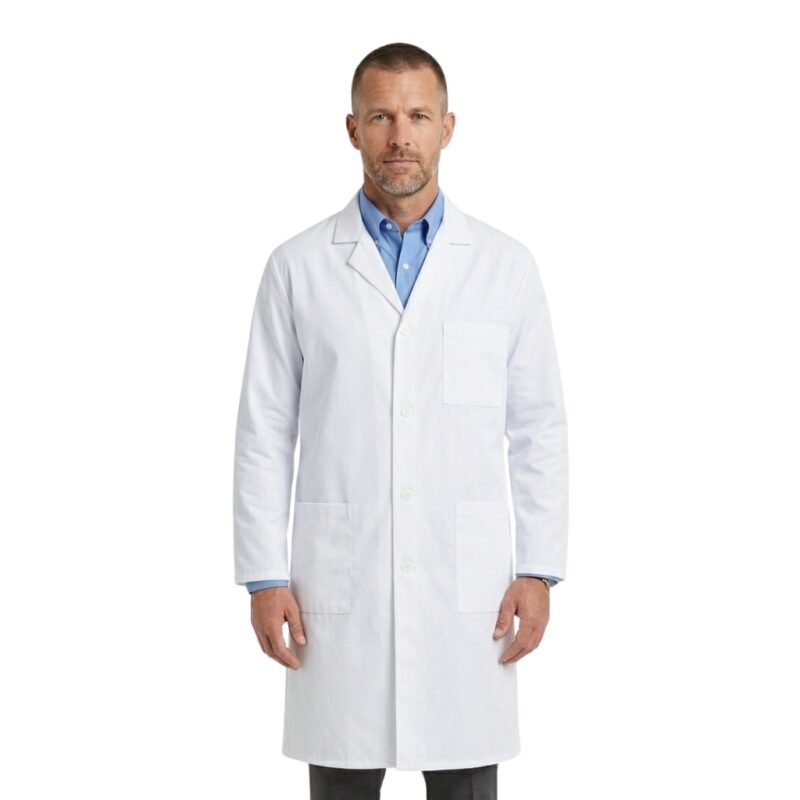 Doctor wearing a white lab coat over professional clothing, standing front facing against a plain background.