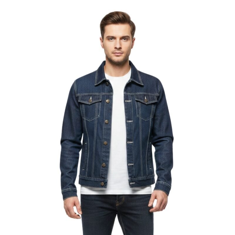 Model wearing a dark navy men’s denim jacket with a button-up front, flap chest pockets, and gold-toned button details.